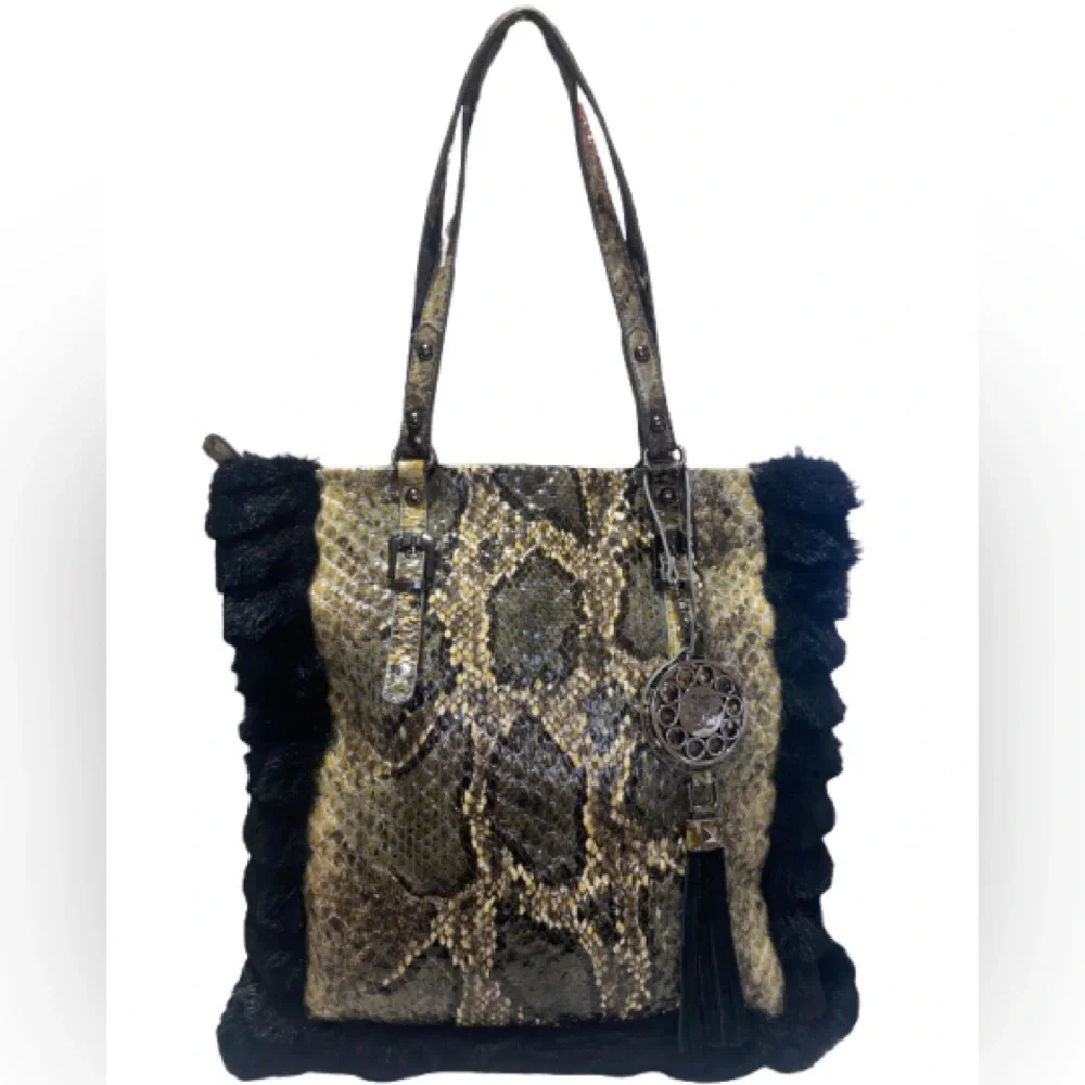 Sharif Skakeskin / Croc Embossed Tote Bag with Black Fur Trim